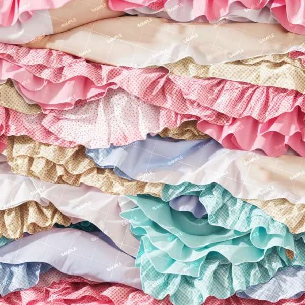 Multiple layers of colorful ruffled fabrics in various prints including polka dots and gingham, showcasing a range of pastel hues like pink, beige, blue, and green.