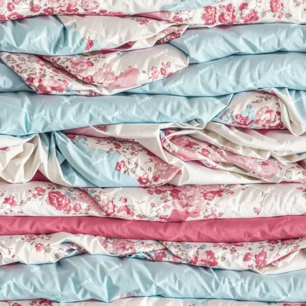A close-up image of neatly folded fabrics in alternating blue, pink and floral patterns, arranged in horizontal layers to show texture and color variations.