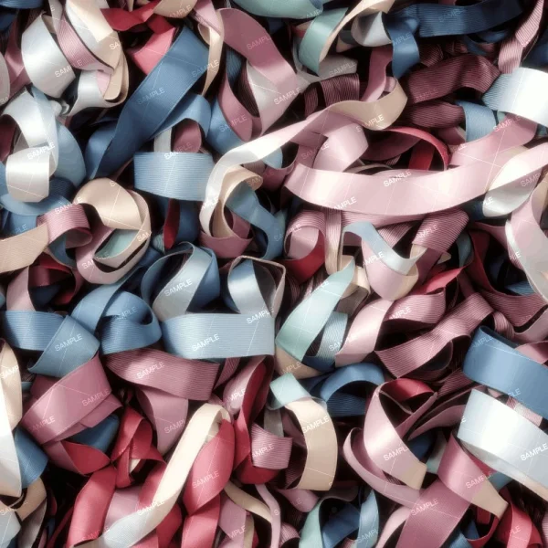 A close-up view of numerous intertwined ribbons in various pastel colors including blue, pink, and cream, filling the entire frame with a textured appearance.