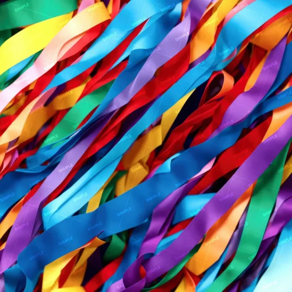 A vibrant assortment of colorful ribbons in red, blue, yellow, green, and purple hues, tangled and flowing in various directions, creating a dynamic and festive visual texture.