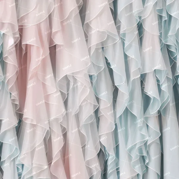 Three sets of pleated fabric in vertical arrangements, featuring shades of pink and two varying tones of blue. the textures are soft with flowing folds creating an elegant visual effect.