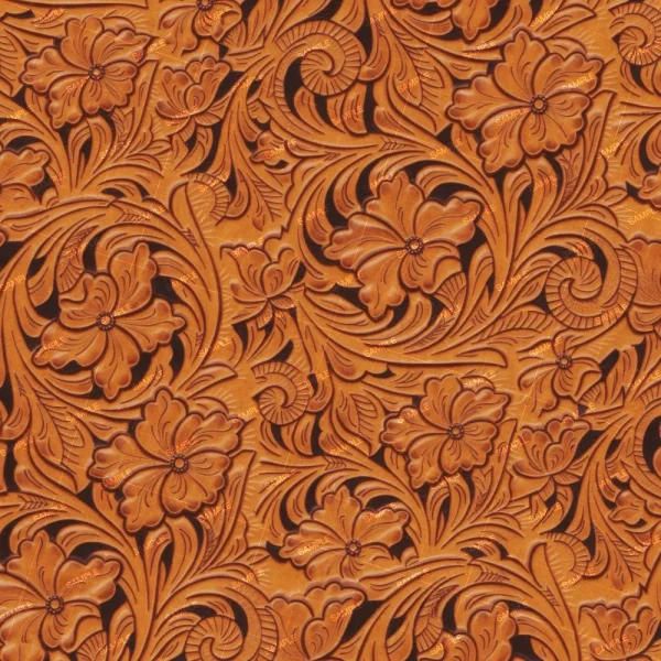 Intricately embossed leather texture featuring a dense pattern of swirling floral designs in a rich, warm brown hue.