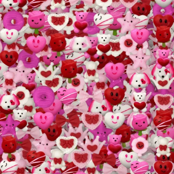 A dense collection of various valentine's day themed decorations, including red and pink hearts, smiling figures, bows, and plush animals, mostly in shades of pink, red, and white.