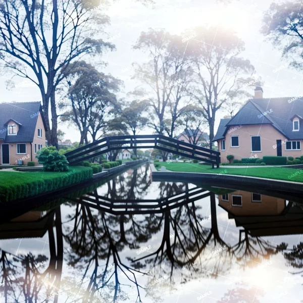 A tranquil neighborhood scene showing a canal with calm water reflecting nearby houses, a wooden footbridge, and trees. The sky is partially cloudy, and the houses are surrounded by neatly trimmed hedges and well-maintained lawns.