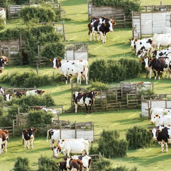 A grassy field with several black and white cows standing and grazing. The field is segmented by wooden fences and bushes. The image has a repetitive pattern, with the same elements appearing multiple times. The word "SAMPLE" is overlaid on the image.