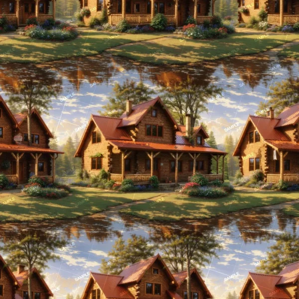 The image shows a picturesque scene repeated multiple times, featuring a rustic log cabin with red roofing and a surrounding garden with various plants. The sky is partly cloudy with blue and white tones. The reflection of the cabin is visible on a body of water.