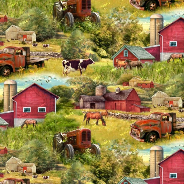 A detailed illustration of a rural farm scene depicting red barns, silos, an old truck, tractors, cows, and horses. The setting includes lush greenery and a few birds flying in the sky.