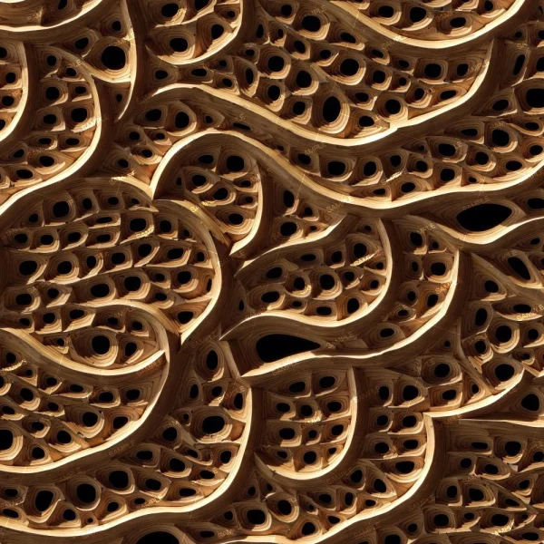 Abstract image featuring an intricate, layered pattern of curved, hollow forms resembling a wooden texture. The design has numerous circular and oval holes of varying sizes, creating a complex and organic appearance.