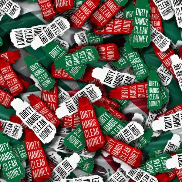 A dense pile of torn red, white, and green paper fragments featuring text phrases such as "DIRTY HANDS, CLEAN MONEY." The fragments are scattered haphazardly, creating a chaotic and colorful background.