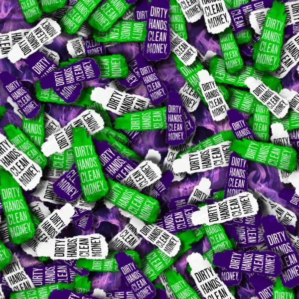 A pile of colorful wrappers, primarily in green, white, and purple, each labeled with the text "Dirty Hands Clean Money". The wrappers are scattered, showing their rectangular, crinkled form.