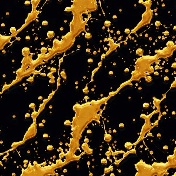 Image of an abstract pattern featuring gold splatters and droplets spreading across a black background, creating a dynamic and textured appearance. The irregular golden shapes and sizes enhance the contrast against the dark backdrop.