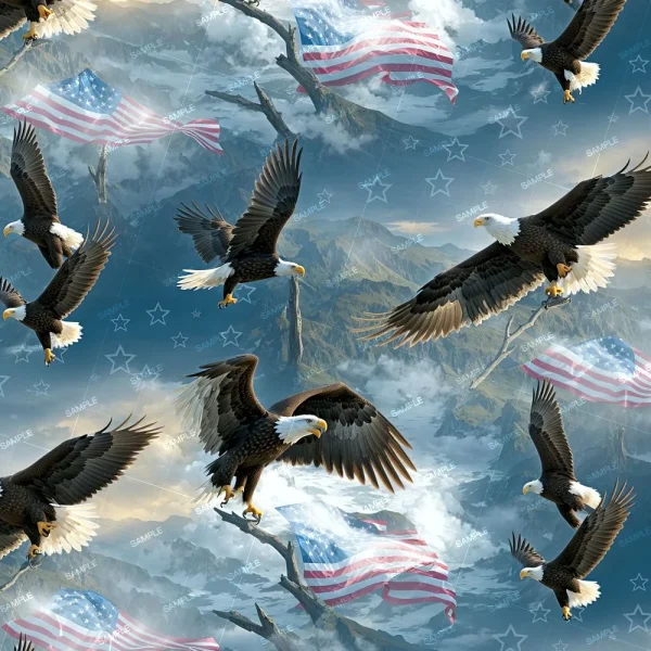 A seamless pattern featuring bald eagles in flight against a backdrop of American flags and a cloudy sky. The design includes mountains and stars, with the eagles in various dynamic positions. Some sample text overlays the pattern.