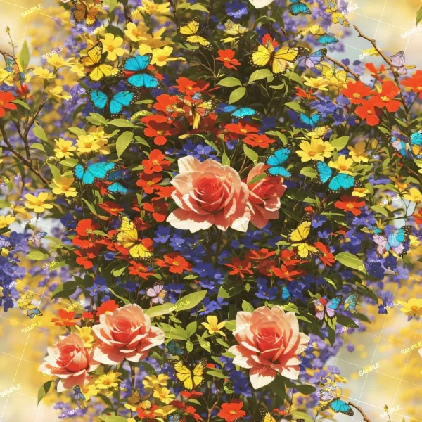 A vibrant garden scene featuring an array of colorful flowers including red, yellow, and blue blooms. Several butterflies in shades of blue and yellow are scattered throughout the scene, with three large pink roses prominently displayed in the center.
