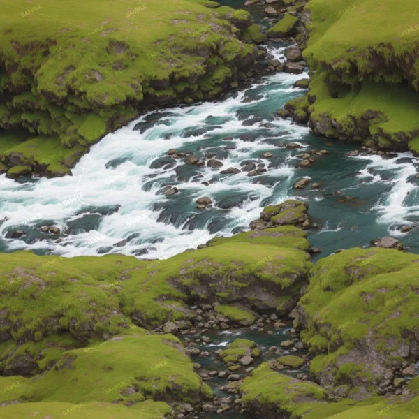 A narrow river flows with white water rapids through a landscape of bright green moss-covered rocks. The river curves gently between the mossy banks, and small rocks are visible through the clear blue water.