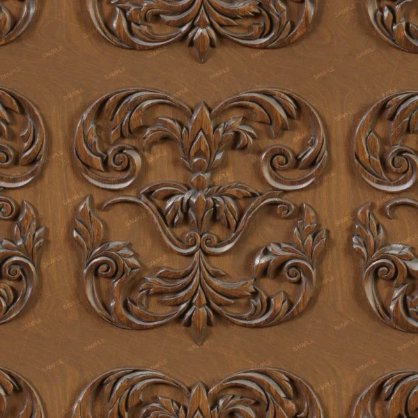 This image shows a detailed wooden surface with an intricate, symmetrical carved pattern. The carvings feature ornate floral and leaf designs, adding depth and texture to the wood. The color of the wood is a rich, warm brown.