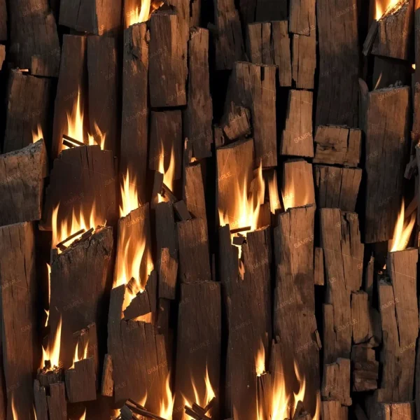 A close-up of stacked firewood, partially ablaze. The flames are visibly licking the edges of the wooden logs, creating a striking contrast between the dark, charred wood and the bright, glowing fire.