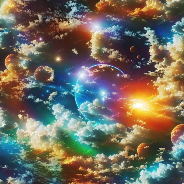 A digital artwork depicts an abstract outer space scene with a vibrant mix of colorful clouds, stars, and planets. Various shades of blue, orange, green, and red blend together, creating a surreal cosmic environment.
