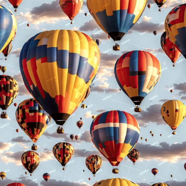 A large group of colorful hot air balloons with patterns in red, yellow, blue, and orange ascend into the sky, scattered across a backdrop of clouds during daylight. Some balloons are closer while others appear in the distance.