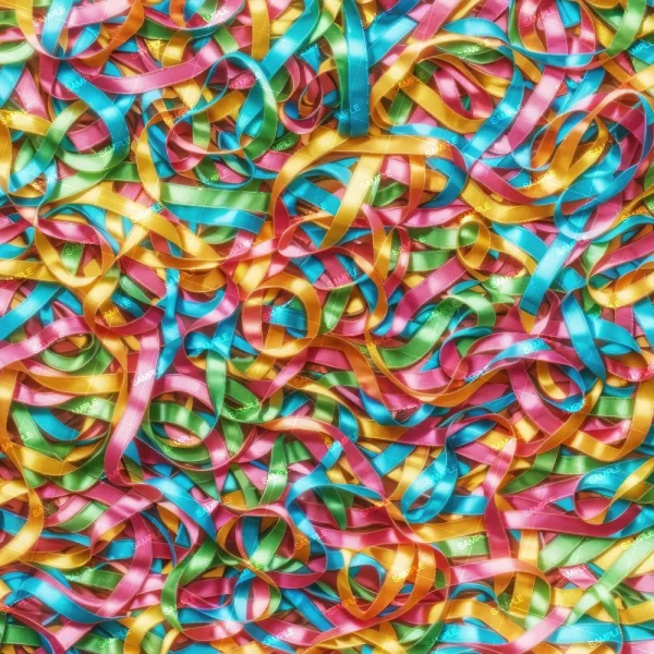 A colorful jumble of variously sized, intertwining ribbons in bright colors including pink, blue, green, and yellow. The ribbons lie on a flat surface, creating a vibrant and chaotic pattern.
