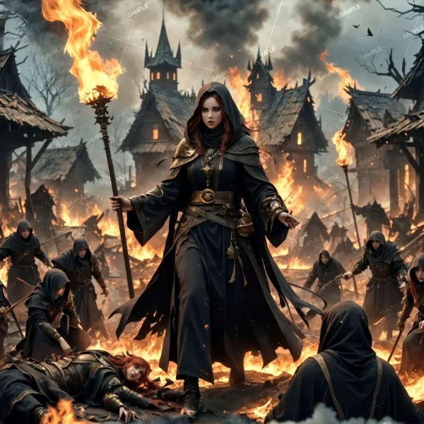 A woman in dark, medieval-style clothing holds a staff with a flame atop it. She stands amidst a burning village, with other hooded figures around her. The scene is chaotic with flames and destroyed wooden buildings in the background.
