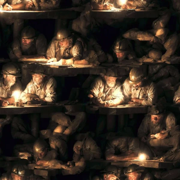 A repeated pattern of an illustration depicts miners working underground by candlelight. They are wearing helmets and work clothes and are shown in various working poses on different levels of an underground structure.