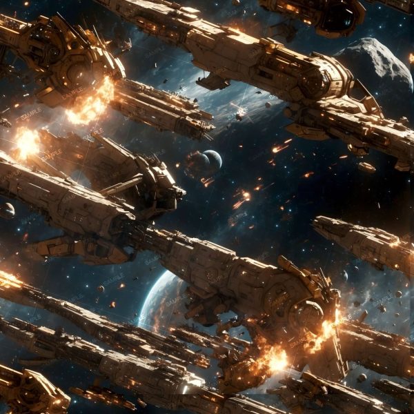 A space battle scene featuring numerous large, futuristic spaceships engaged in combat. Some ships are firing weapons while others are visibly damaged and on fire. The backdrop includes stars, planets, and asteroids.