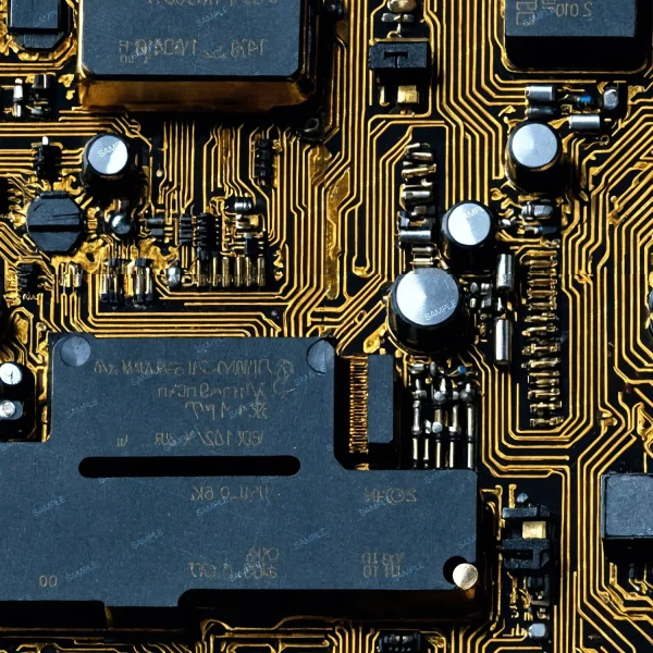 Close-up image of an electronic circuit board with various components including integrated circuits, resistors, and capacitors connected by intricate gold-colored pathways. The board has a dense, complex layout of electronic parts.