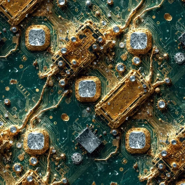 Close-up of a computer motherboard featuring an intricate design with embedded crystals. The green circuit board is interlaced with golden pathways and multiple diamond-like crystals positioned around it.
