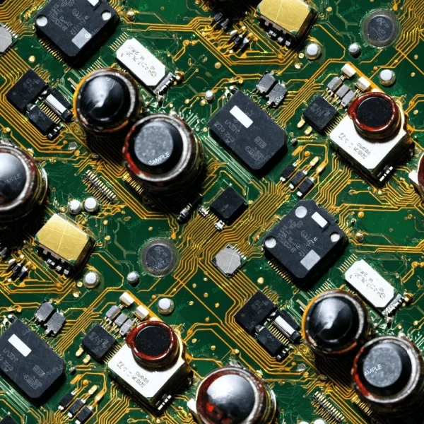 A close-up view of a circuit board featuring various electronic components, including capacitors, integrated circuits, and resistors, connected by intricate pathways etched into the green surface.