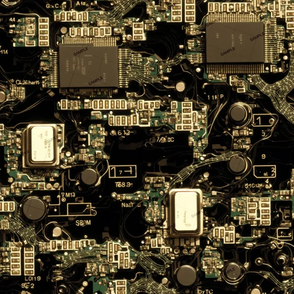 Close-up image of a complex circuit board with various electronic components. The board has intricate patterns of conductive pathways connecting capacitors, resistors, and integrated circuits. The components are labeled with alphanumeric codes.