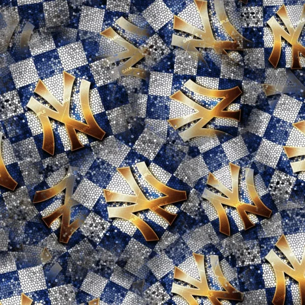 A collage of golden New York Yankees logos positioned at various angles on a background of pixelated blue, white, and black patterns. The logos appear multiple times, creating a dense and visually complex image.