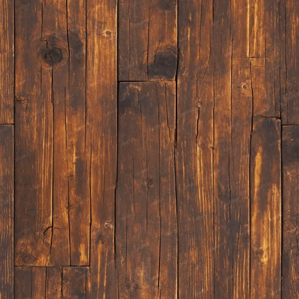 This image depicts a close-up view of a wooden floor with a rustic appearance. The wooden planks are of varying widths and showcase distinct grain patterns and knots, with a rich, warm brown hue. The surface appears weathered and aged.