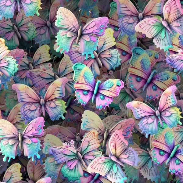 A vibrant, detailed illustration of numerous butterflies with multicolored wings in shades of pink, purple, blue, and green. The butterflies overlap and fill the entire frame, creating a dense, kaleidoscopic pattern.