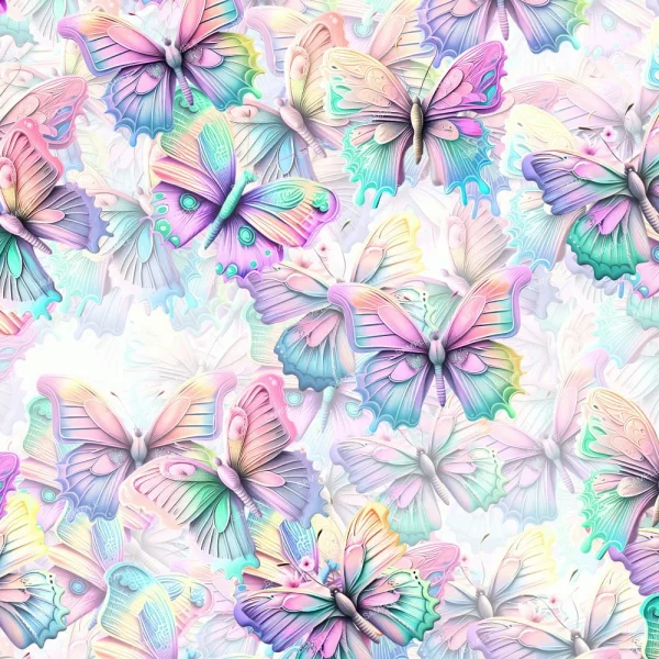 An artistic illustration featuring numerous abstract butterflies in pastel colors, including shades of pink, blue, green, and purple, arranged in a pattern. The background is a light, gradient blend emphasizing the colorful butterfly designs.