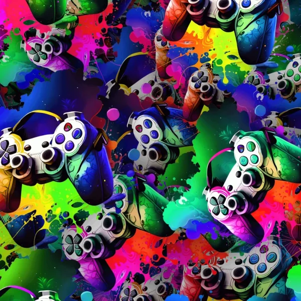 A vibrant pattern featuring various gaming controllers over a bright, multicolored background. The controllers are stylized and scattered throughout the image, creating a lively and chaotic visual effect.