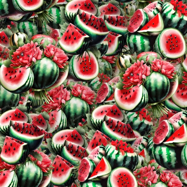 A colorful pattern featuring whole watermelons, sliced watermelon pieces, and red flowers. The watermelons are in various stages of being cut and show bright green rinds with red interiors and black seeds. The flowers are interspersed among the fruit.