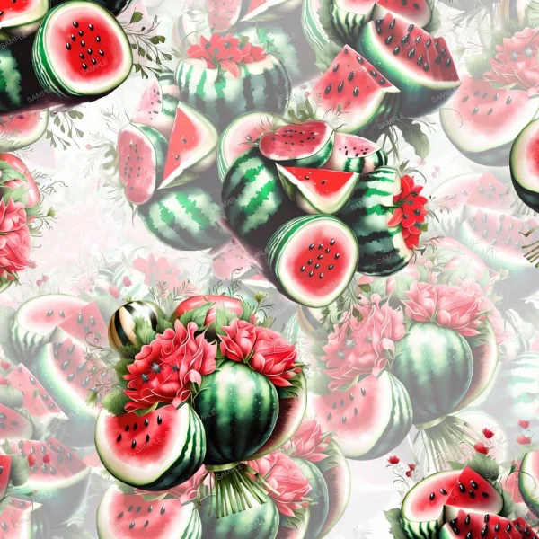 An artistic arrangement featuring numerous watermelons and watermelon slices interspersed with pink flowers. The image has a repeating pattern, showcasing whole watermelons, halved watermelons, and segments with vibrant red flesh and black seeds.