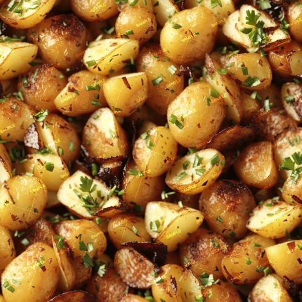 A close-up image of perfectly roasted baby potatoes garnished with chopped herbs. The potatoes are golden brown with a crispy texture, and the herbs are evenly sprinkled on top, adding a fresh, green contrast to the dish.
