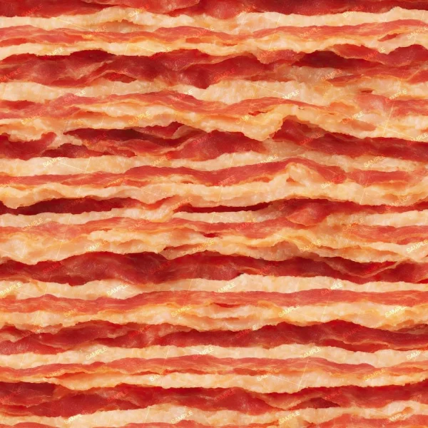 A close-up view of multiple layers of uncooked bacon strips, showing their marbled texture, fat, and reddish color. The strips are neatly arranged and fill the entire frame.
