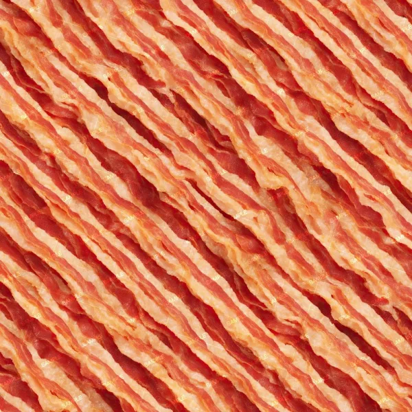 A close-up view of uncooked bacon slices arranged diagonally. The bacon shows alternating stripes of pinkish-red meat and white fat, creating a textured pattern. The image highlights the marbled appearance of the raw bacon.