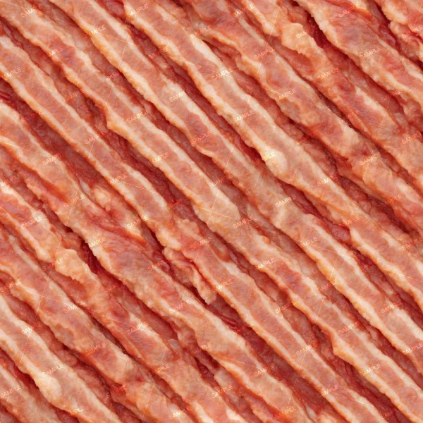 A close-up image of multiple raw bacon strips arranged parallel to each other. The bacon shows visible marbling of fat and meat layers, with a reddish and creamy white coloration.