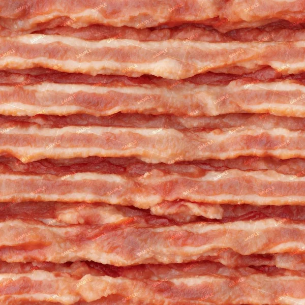 A close-up image showing multiple layers of uncooked bacon strips, arranged in a repetitive, horizontal pattern. The layers showcase the streaks of fat and lean meat characteristic of bacon, with a slightly marbled appearance.