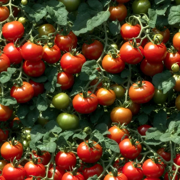 A close-up image of numerous ripe, red tomatoes and some unripe, green tomatoes hanging from dense vines with green leaves. The tomatoes appear plump and healthy, suggesting they are ready for harvest. The foliage is lush and vibrant.