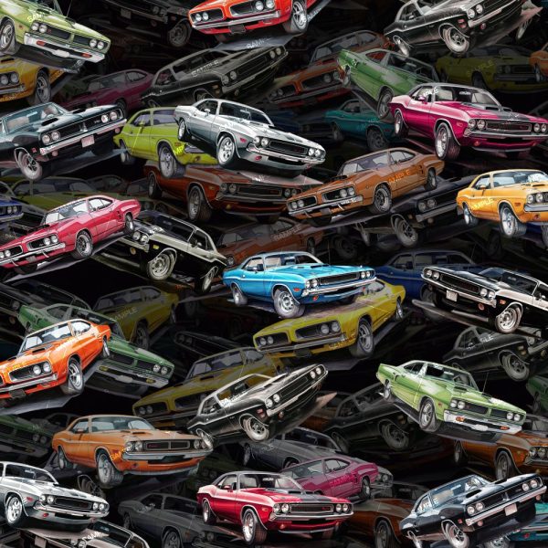 An image featuring a collage of various classic muscle cars, each depicted in different colors including red, black, green, blue, orange, and yellow. The cars overlap each other, creating a dense, visually engaging pattern against a dark background.