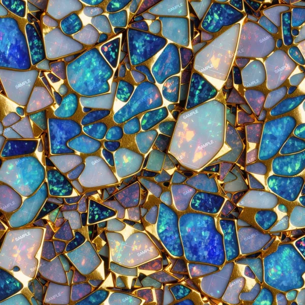 An abstract mosaic pattern composed of irregular blue and white tiles outlined in gold. The tiles have a variety of sizes and are arranged closely together, creating a vibrant and intricate design. Some tiles are labeled with the word "SAMPLE".