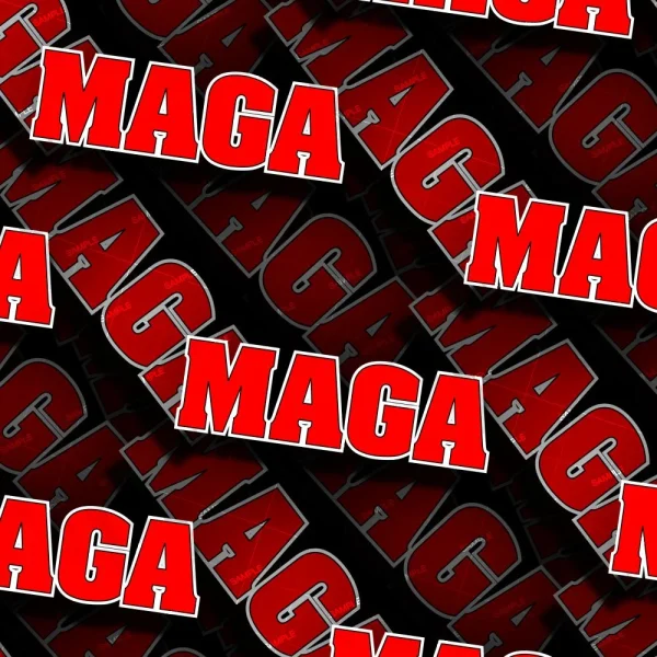 The image features a repeating pattern of the acronym "MAGA" in bold red letters with white outlines, set against a black background. The text is arranged at various angles, filling the entire rectangular frame.