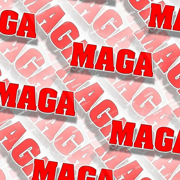 A collage of repeating text "MAGA" in bold red letters, overlapping on a white and gray background.
