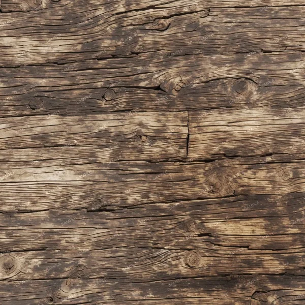 A close-up image of a weathered wooden surface displaying the grain, knots, and cracks in the wood. The texture exhibits various shades of brown and natural aging patterns, revealing the rugged and rustic character of the wood.