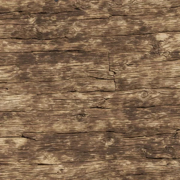 The image shows a close-up view of a wooden surface with visible grain patterns and knots. The wood has a weathered appearance with a mix of darker and lighter brown tones. Some cracks and imperfections are present, giving it a rustic look.