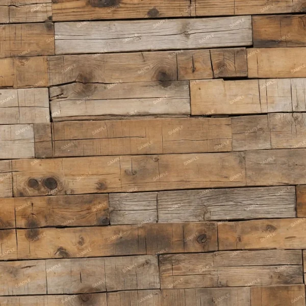 A close-up view of a wooden wall made of horizontal planks of varying shades and textures, ranging from light to dark wood. The planks are arranged in a staggered pattern. Some of the planks show visible grain and knots. The word "Sample" is repeated over the image.